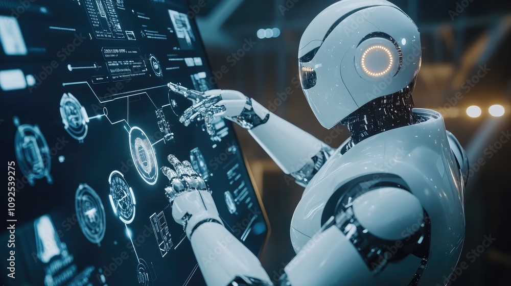 Poster digital screen showing interconnected icons for robotic process automation, illustrating seamless wo