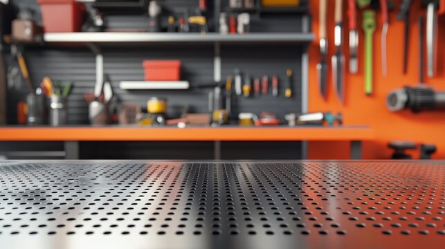 Metal table is covered with small holes, surrounded by tool storage shelves and tools in the background. Blurred orange workshop is visible behind it.