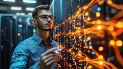 Technician working alone in a dark server cabinet, focus on the failed network connection, system crash theme, ethereal, double exposure, dimly lit tech hub backdrop