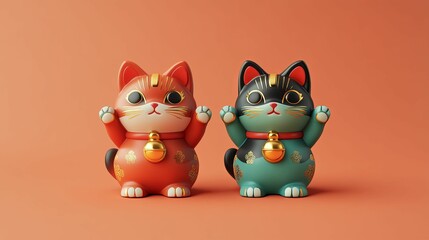 Two Adorable Maneki Neko Figurines Displayed Together