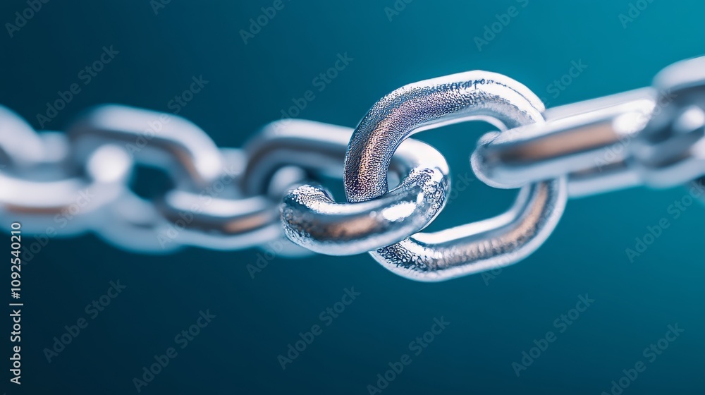 Poster close-up of a single broken link in a metal chain highlighting strength and vulnerability in a deep 