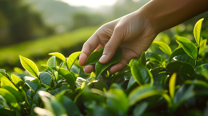 Woman's hand carefully plucking green tea leaves from a bush in a scenic tea field