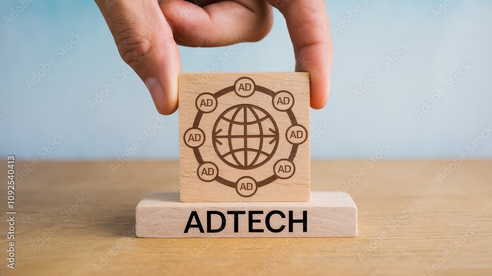 Aufkleber wooden block with the word adtech written on it symbolizing the of advanced technology and digital s