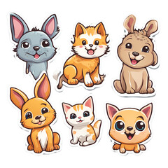 Fototapeta premium A charming set of six cartoon animals, including cats, rabbits, and a dog, with vibrant colors and adorable expressions. Perfect for kids' designs, stickers, or creative projects.