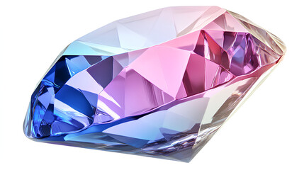Fototapeta premium Glossy 3D diamond featuring pastel gradient colors of blue, pink, and purple. The smooth and geometric design adds a modern, elegant, and futuristic touch. Isolated on white background