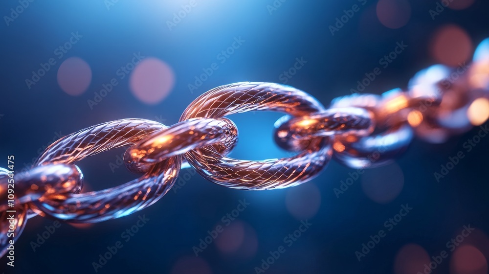 Poster close-up of a shiny metallic chain link with twisted design against a softly blurred blue background