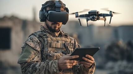 Fototapeta premium A soldier operates a drone using a tablet and virtual reality headset, showcasing advanced military technology, precision surveillance, and modern defense strategies