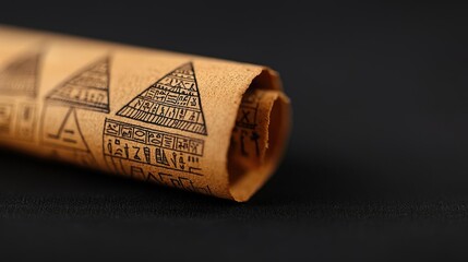 Fototapeta premium Ancient scroll with inscriptions, rolled and displayed on a dark background.