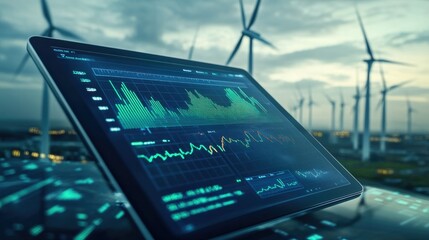 Tablet displaying green energy stock prices, with wind and solar power plant images in the background representing sustainable power.