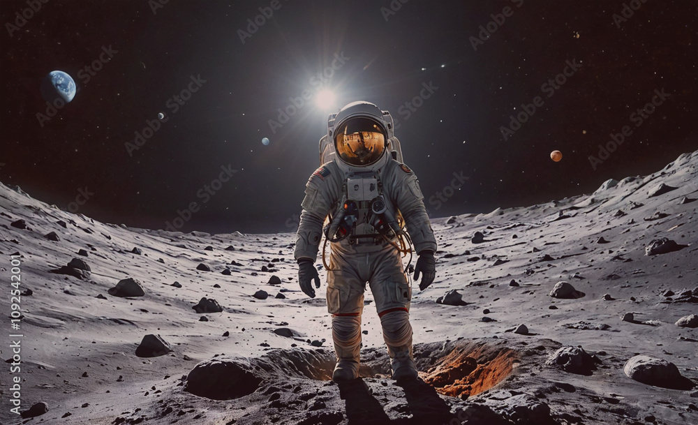 Aufkleber Man in a space suit stands on a rocky surface. There are several planets in the background