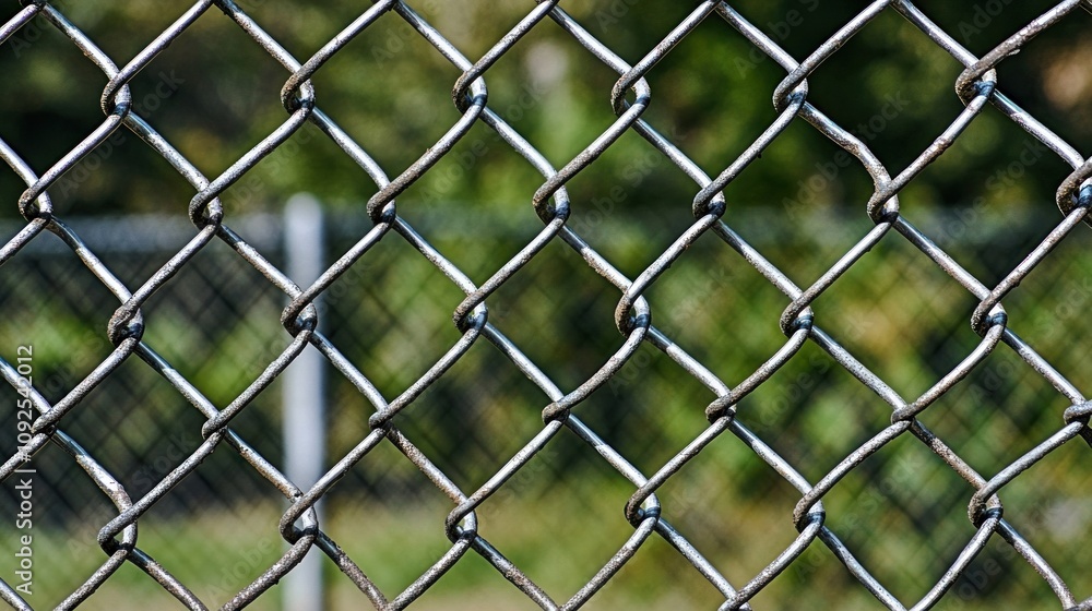 Poster a close-up view of a chain-link fence with blurred greenery in the background.