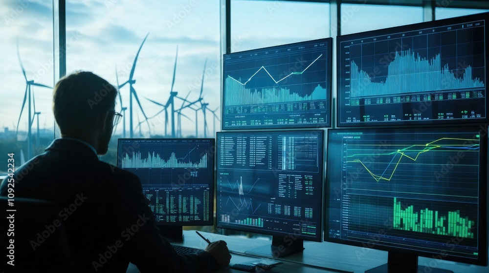 Poster trader analyzing wind power stocks on multiple screens, with wind farms and stock charts showing gre