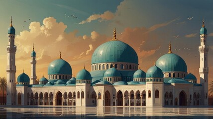 Majestic teal-domed mosque reflecting in tranquil water at sunset.