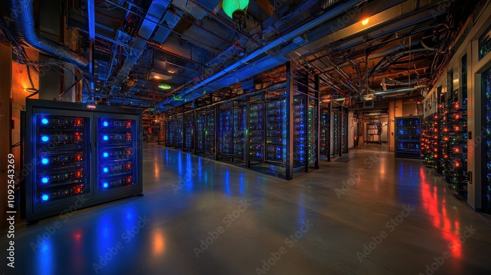 Aufkleber illuminated data center servers room network technology
