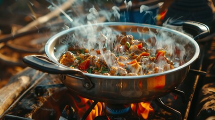 A meal is cooked in a stainless steel pan with a glass lid on a gas stove