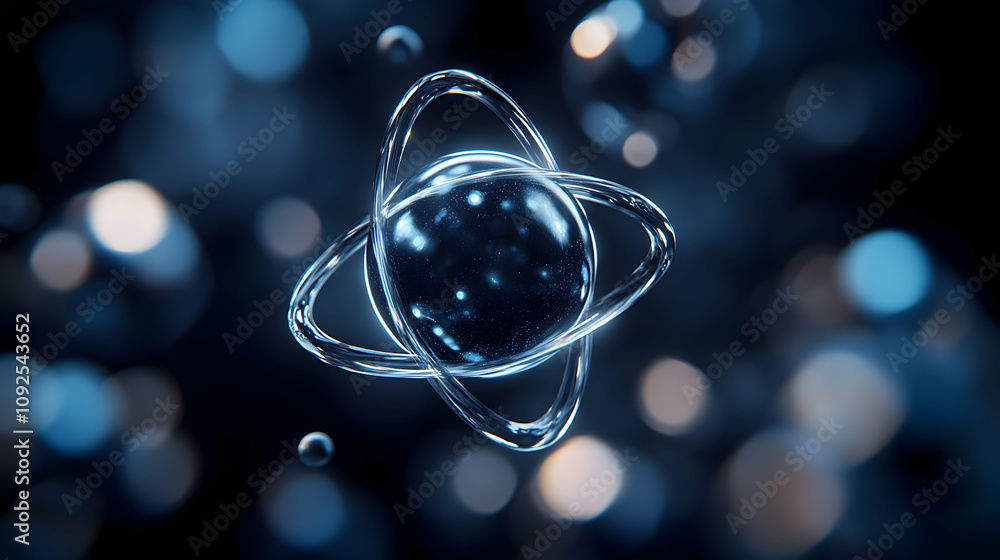 Aufkleber 3d render of a glass atom model with orbiting electrons against a bokeh background, abstract science