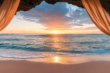 picturesque beach at sunset with drapery framing scene, creating serene atmosphere. golden sun reflects on calm waves, enhancing tranquil beauty of moment