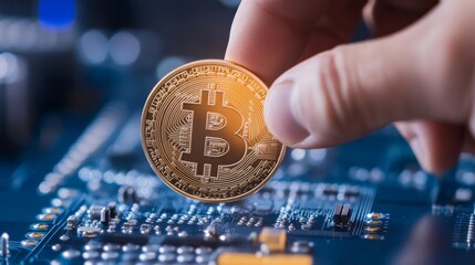 Close-Up View of a Hand Holding a Golden Bitcoin Over a Circuit Board in a Technology-Themed Background, Symbolizing Innovation and Digital Currency