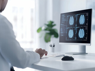 A medical professional analyzes brain scans on a computer, surrounded by a modern workspace with plants and a clean aesthetic.