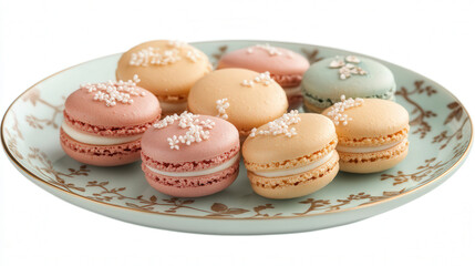 Fototapeta premium A plate of colorful French macarons in pastel shades with delicate floral decorations