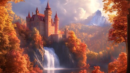 Fototapeta premium Majestic Castle Perched on a Cliffside with a Waterfall Cascading Down in a Vibrant Autumn Forest