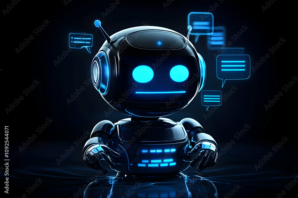 Poster 3d render of a black robot communicating via chat bubbles
