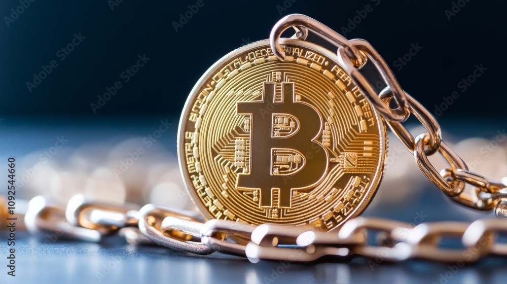 Poster golden bitcoin coin linked to chain on reflective surface, symbolizing cryptocurrency security and d