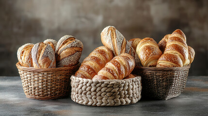 A rustic bakery display with baskets of freshly baked baguettes, croissants, and brioche loaves