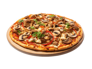 Delicious Chicken Mushroom Pizza with Red Onions, Tomatoes, and Basil on Transparent Background