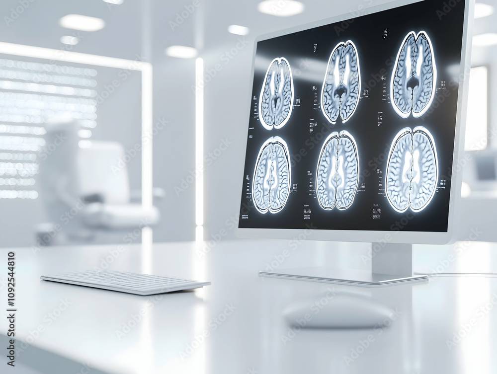 Aufkleber a modern workspace featuring a computer displaying brain scans, emphasizing medical technology and d