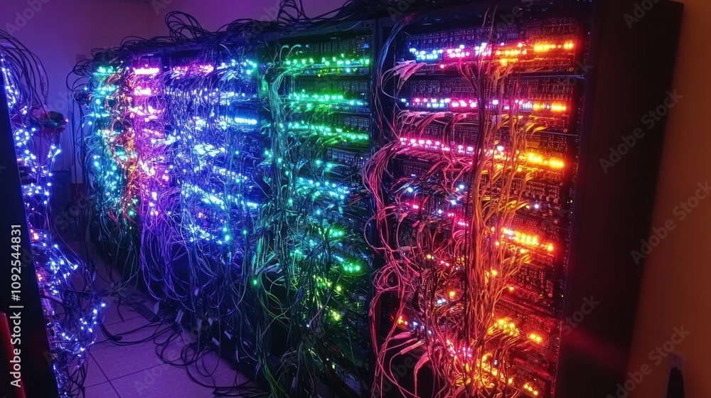 Poster illuminated server racks with complex wiring and colorful lights