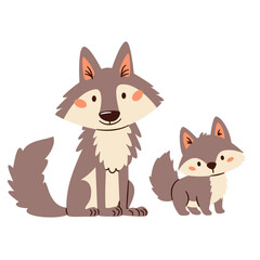 Set of flat vector illustrations in a simple children's style. Forest animals and their cubs. A cute wolf and his baby wolf cub. . Vector illustration