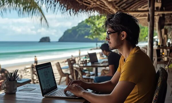 A digital nomad on a laptop, sitting at an outdoor caf&eacute; with a beach in the background, evoking a sense of freedom and remote productivity, laptop on beach,  working on computer doing business