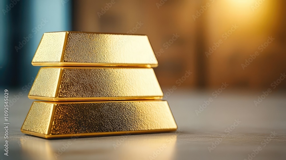 Poster Three stacked gold bars on a table with a soft background.
