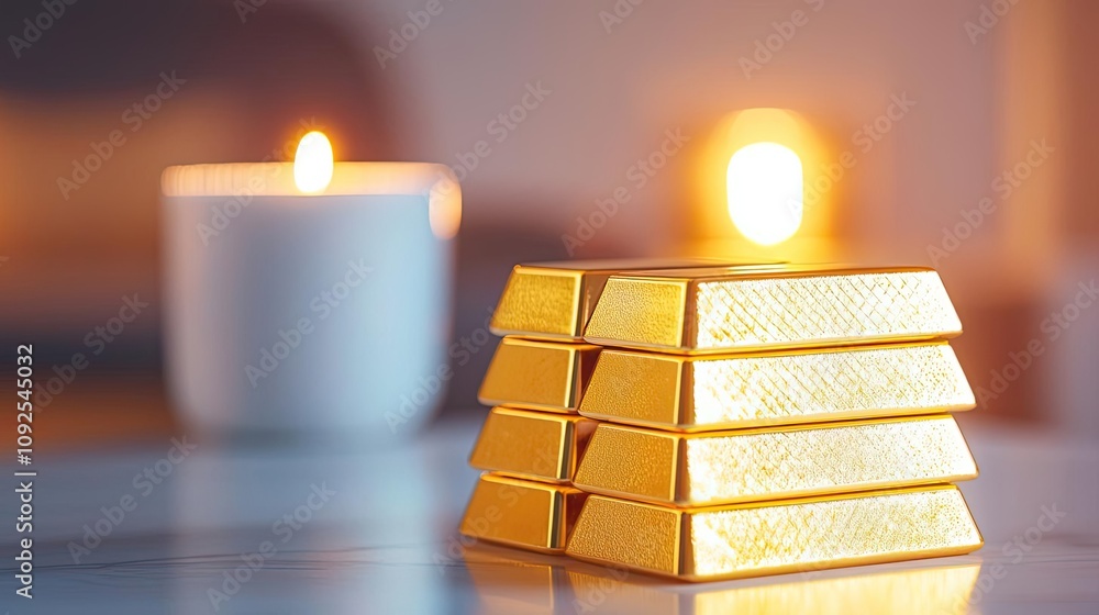 Poster stacks of gold bars with candlelight creating a warm ambiance.