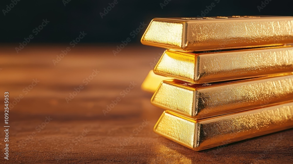 Poster collection of gleaming gold bars stacked on a surface.