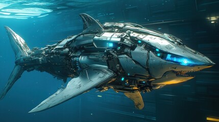 Obraz premium A futuristic robotic shark gliding through a submerged environment with glowing accents.