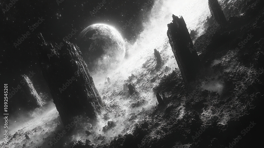 Poster mysterious landscape on a distant planet illuminated by a glowing celestial body in a surreal cosmic