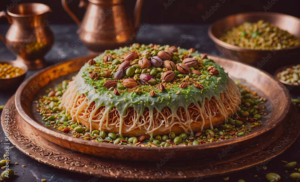 Aufkleber green and white cake with nuts on top. the cake is on a tray. there are bowls and cups on the table