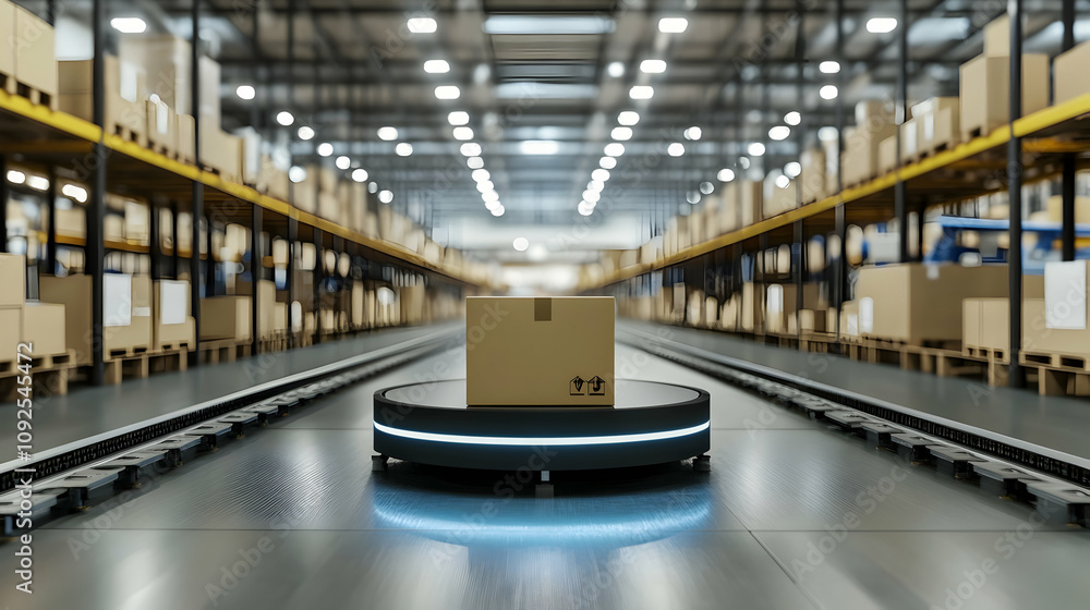 Poster automated warehouse system: robotic cart transports cardboard box along conveyor belt efficiently