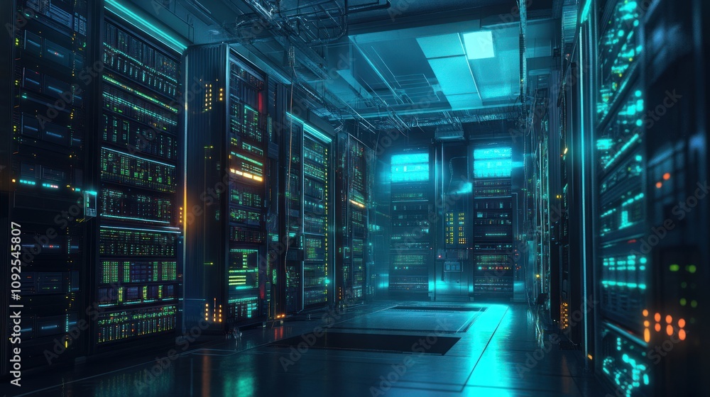 Poster futuristic server room data center technology infrastructure