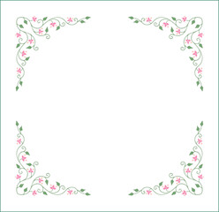 Elegant green vegetal ornamental frame with leaves and pink flowers, decorative border, corners for greeting cards. Isolated vector illustration	
