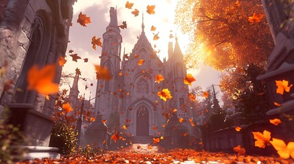Autumnal Leaves Falling Around a Stone Castle