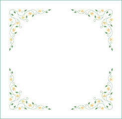 Elegant green vegetal ornamental frame with leaves and yellow flowers, decorative border, corners for greeting cards. Isolated vector illustration	
