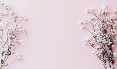 Obraz premium Delicate white baby's breath flowers arranged symmetrically on a pastel pink background, leaving ample space in the center.