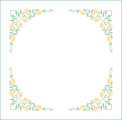 Elegant green vegetal ornamental frame with leaves and yellow lemons, decorative border, corners for greeting cards. Isolated vector illustration	
