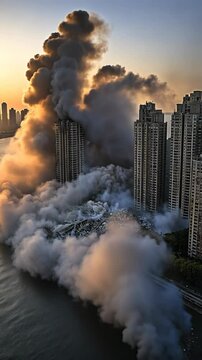 A city building implodes, creating a massive cloud of dust and smoke that billows over the surrounding structures and a nearby body of water