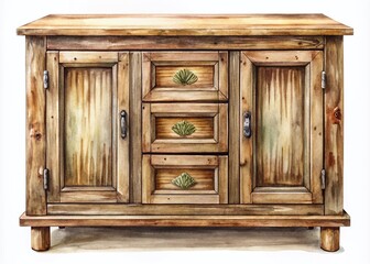 Hand-Drawn Watercolor Illustration of a Rustic Wooden Storage Cabinet Perfect for Home Decor and Interior Design Inspiration