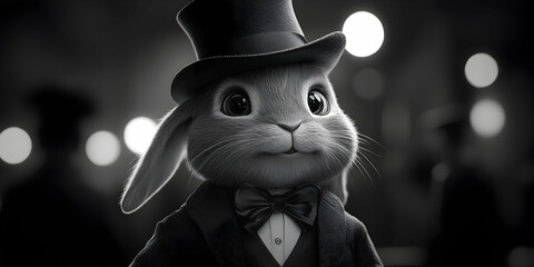 3D Render of a Dapper Rabbit in a Top Hat and Bow Tie,  Nighttime City Background