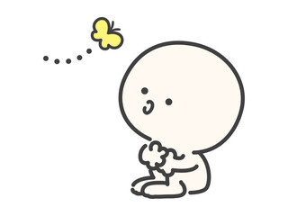 蝶々を見つけて春の訪れを知るシンプルでかわいい人物のベクターイラスト素材